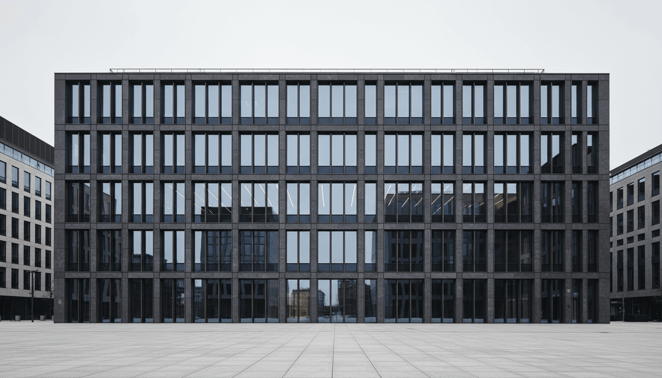 Modern European commercial architecture with glass and stone facade