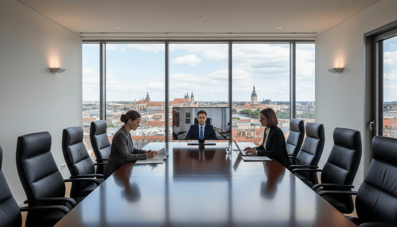 Two women in a boardroom conduct a video call, overlooking a historic city skyline.